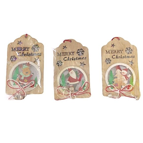 Christmas Tree Wooden Ornaments With Bells Hanging Reindeer Santa And Snowman - Picture 2 of 2